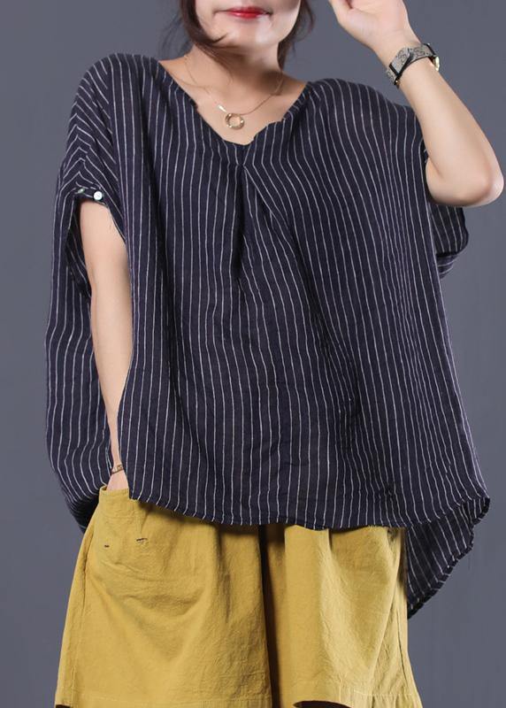 Black Striped V-Neck Linen Blouse