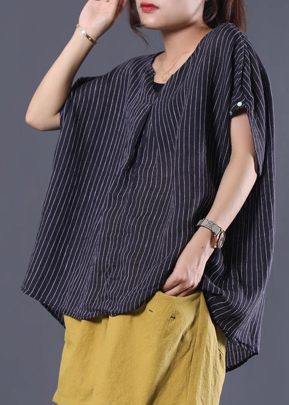 Black Striped V-Neck Linen Blouse