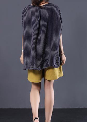 Black Striped V-Neck Linen Blouse