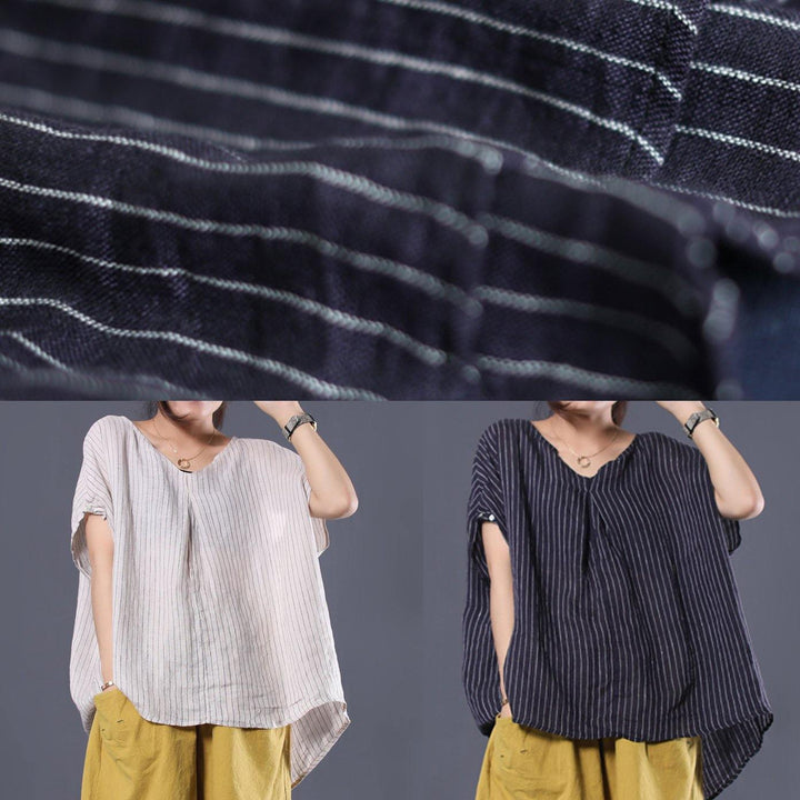 Black Striped V-Neck Linen Blouse