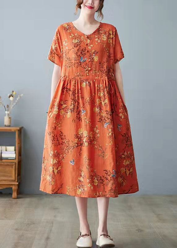 Orange O-Neck Pocket Print Dress
