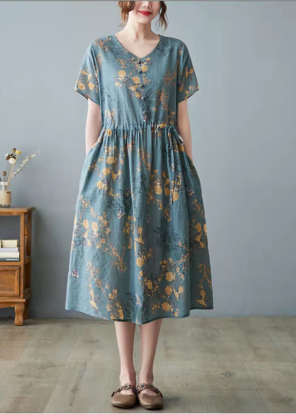 Orange O-Neck Pocket Print Dress