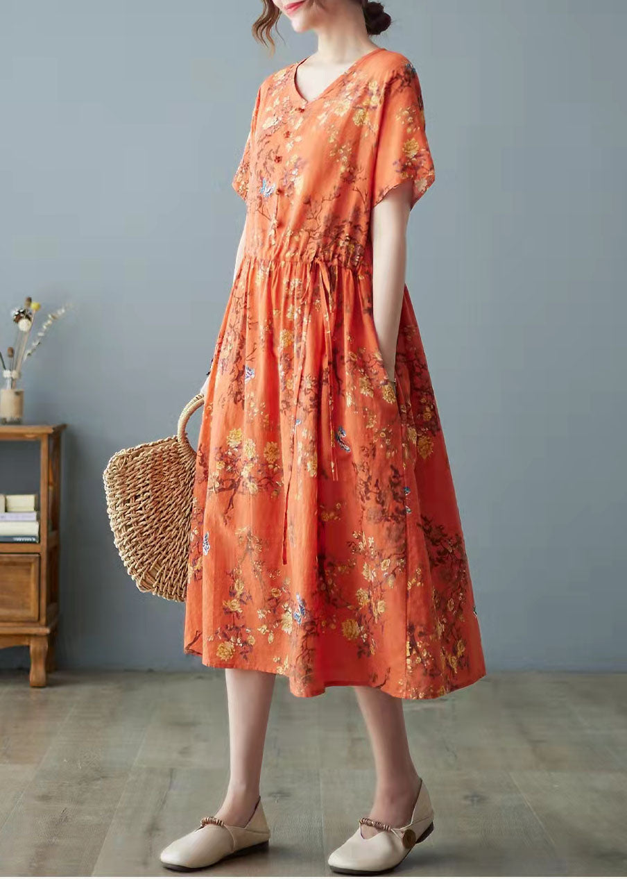 Orange O-Neck Pocket Print Dress