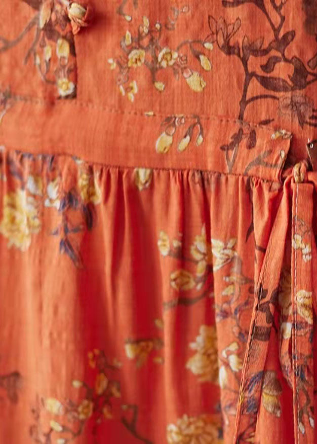Orange O-Neck Pocket Print Dress