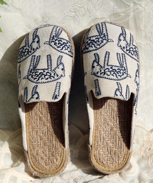 Beige Embroidered Cotton Slide Sandals