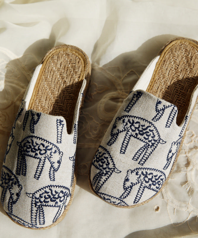 Beige Embroidered Cotton Slide Sandals
