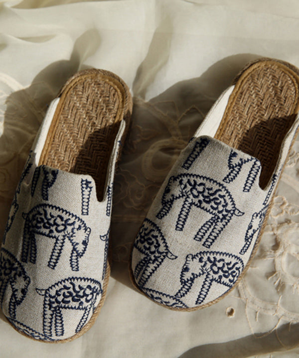 Beige Embroidered Cotton Slide Sandals