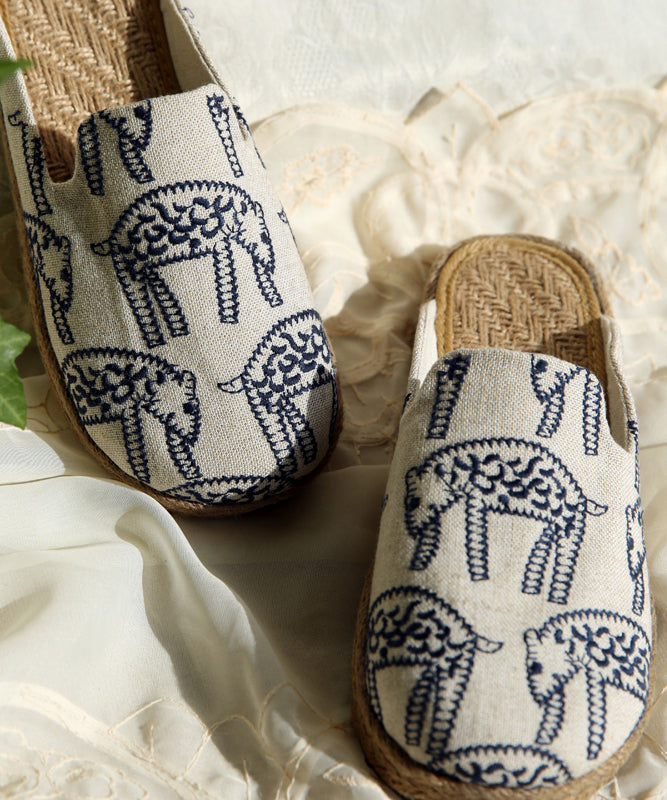 Beige Embroidered Cotton Slide Sandals