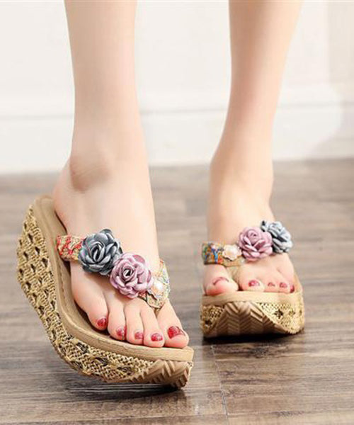 Beige Floral Platform Beach Flip Flops