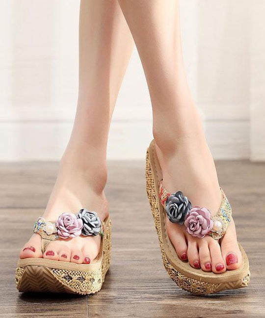 Beige Floral Platform Beach Flip Flops