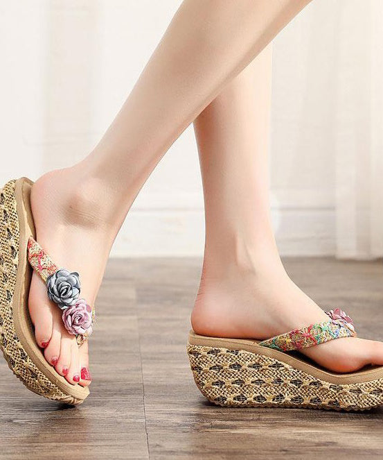 Beige Floral Platform Beach Flip Flops