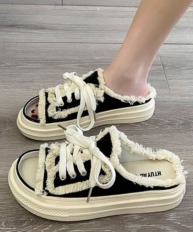 Black Canvas Lace-Up Platform Sandals