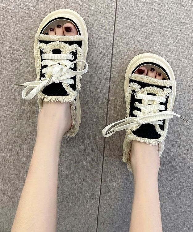 Black Canvas Lace-Up Platform Sandals