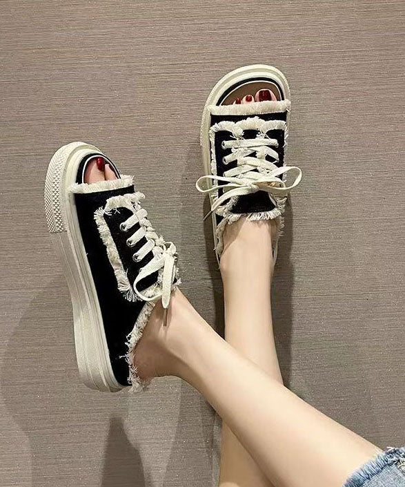 Black Canvas Lace-Up Platform Sandals