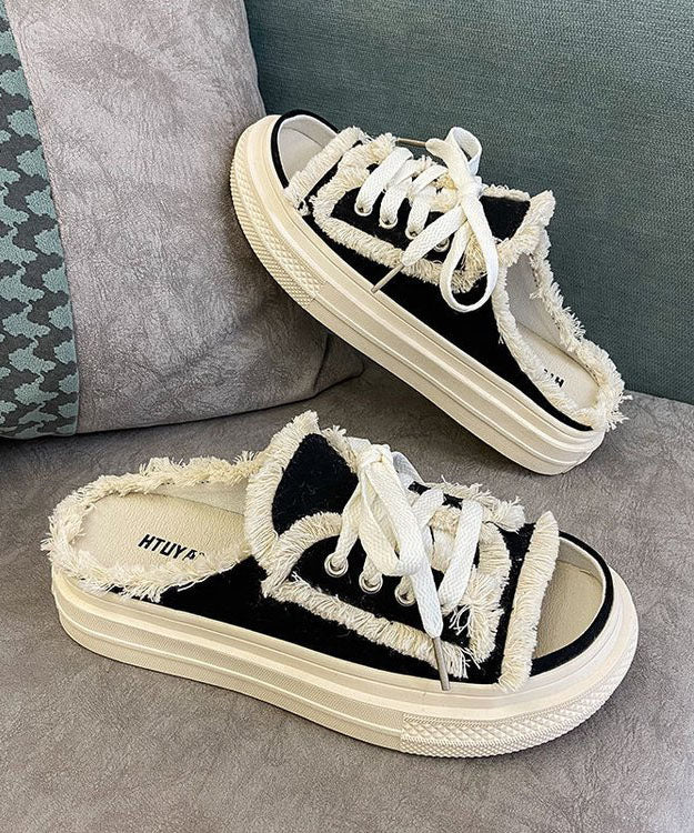 Black Canvas Lace-Up Platform Sandals