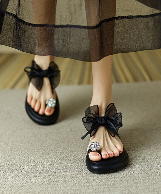 Black Zircon Tulle Bow Slide Sandals