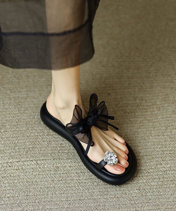 Black Zircon Tulle Bow Slide Sandals