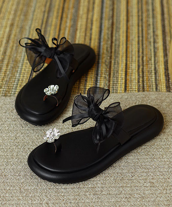 Black Zircon Tulle Bow Slide Sandals