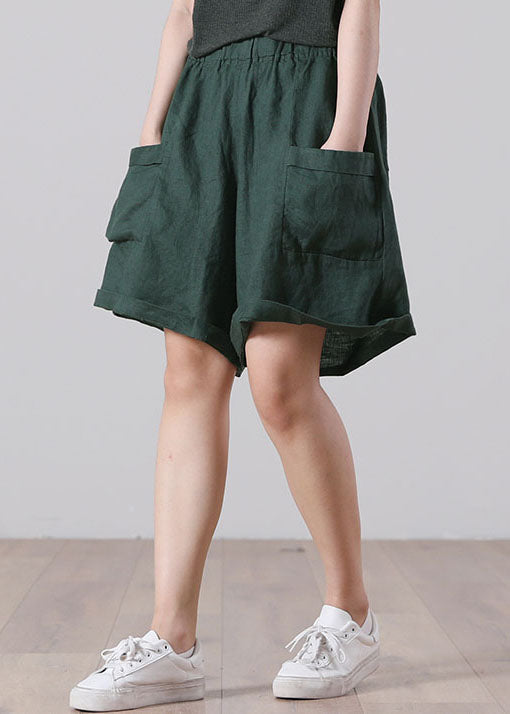 Dark Green Patchwork Linen Shorts
