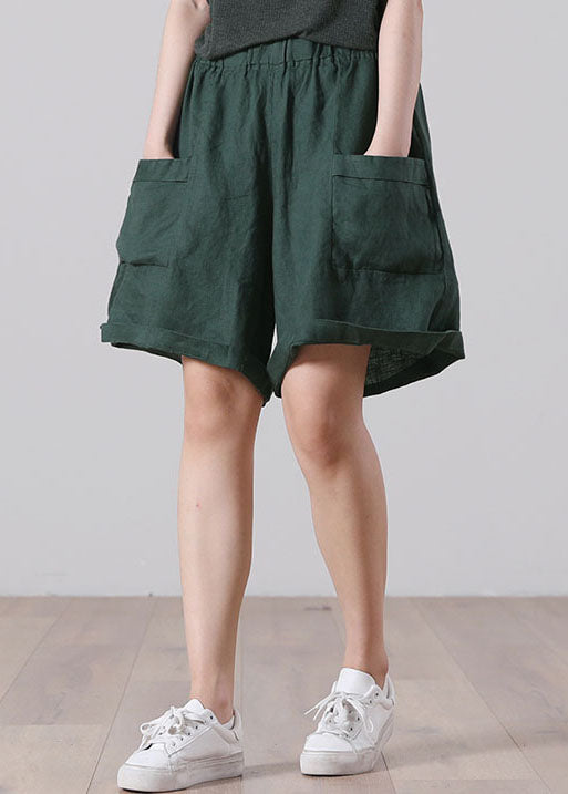 Dark Green Patchwork Linen Shorts