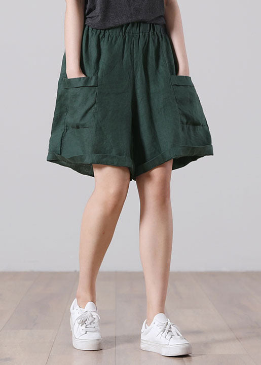 Dark Green Patchwork Linen Shorts