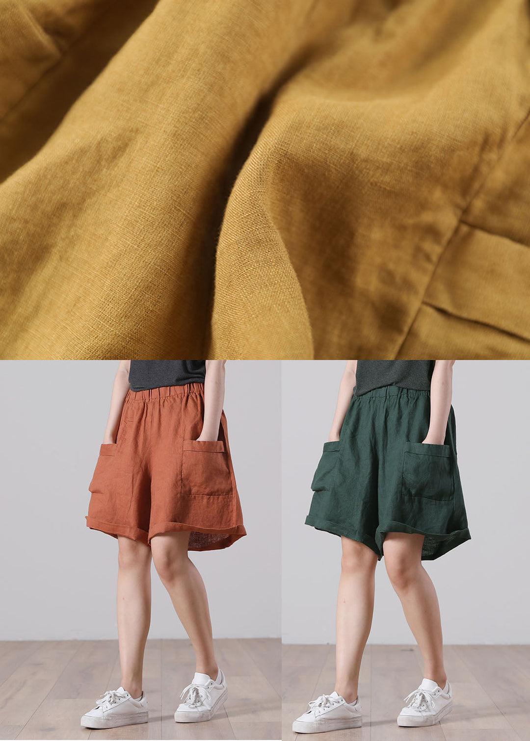 Dark Green Patchwork Linen Shorts