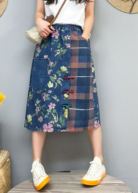 Blue Patchwork Denim Button-Front Skirt