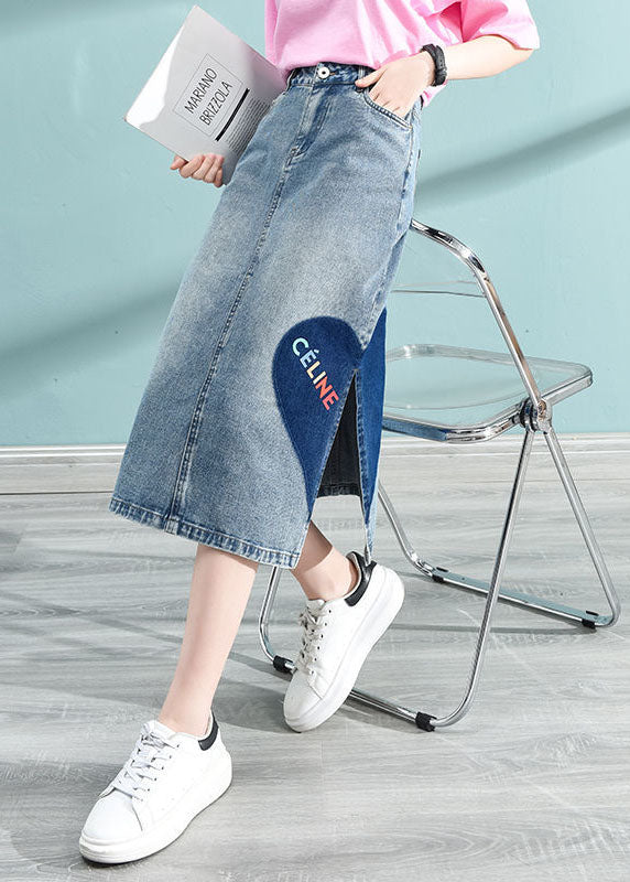 Blue Love Print Wrap Cotton Denim Skirt with High Waist Pockets Summer