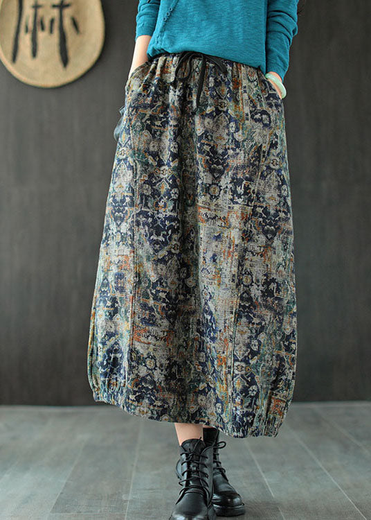Blue Tie-Dye Linen A-Line Skirt