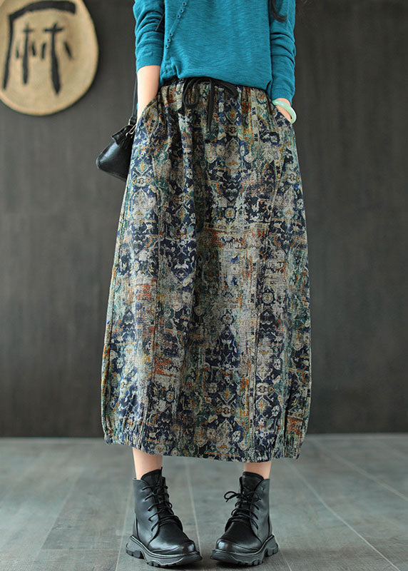 Blue Tie-Dye Linen A-Line Skirt