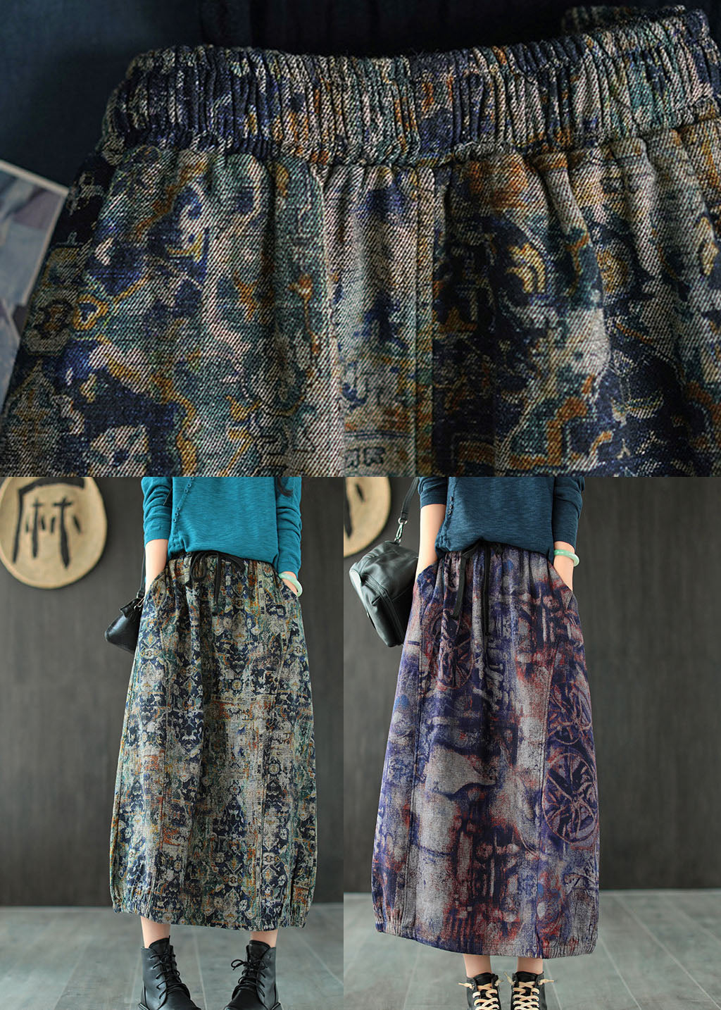 Blue Tie-Dye Linen A-Line Skirt