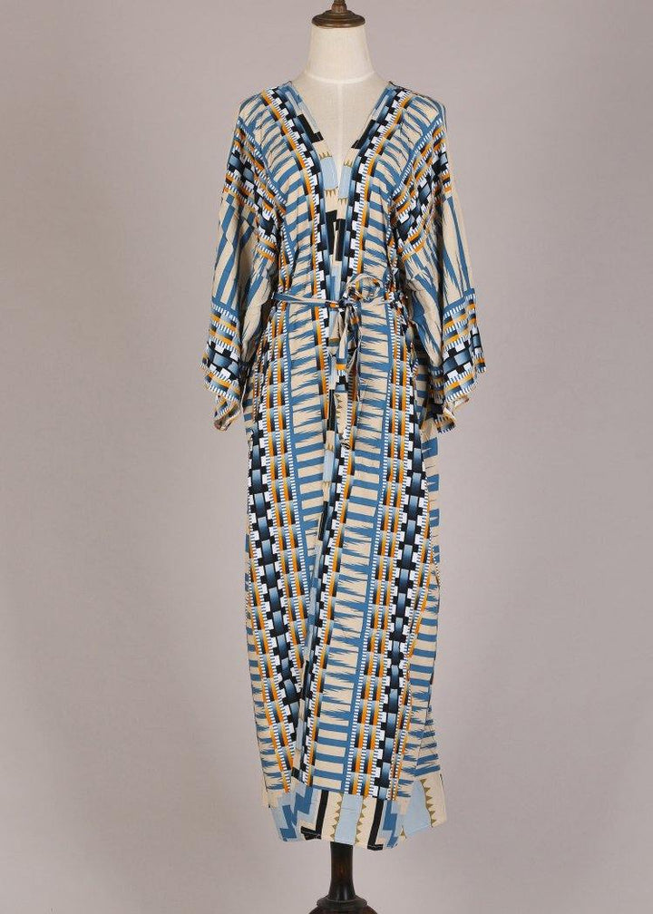 Blue Geometric Print Kimono Dress