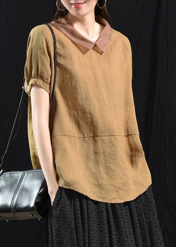 Khaki Boho Patchwork Collared Linen Top