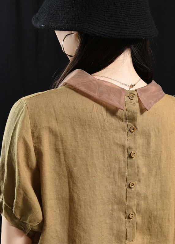 Khaki Boho Patchwork Collared Linen Top