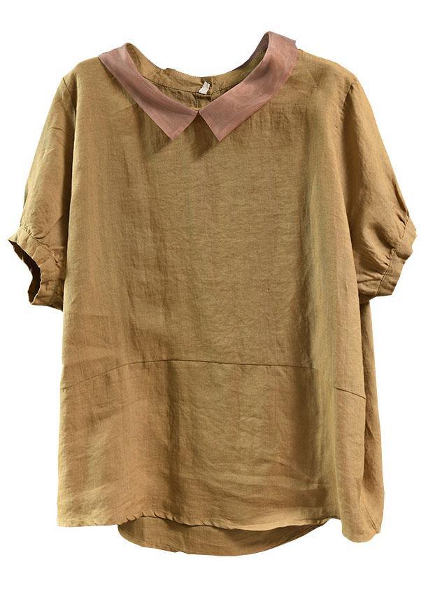 Khaki Boho Patchwork Collared Linen Top