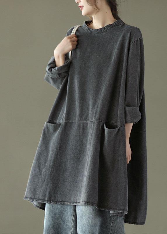 Black Grey Denim O-Neck Long Dress
