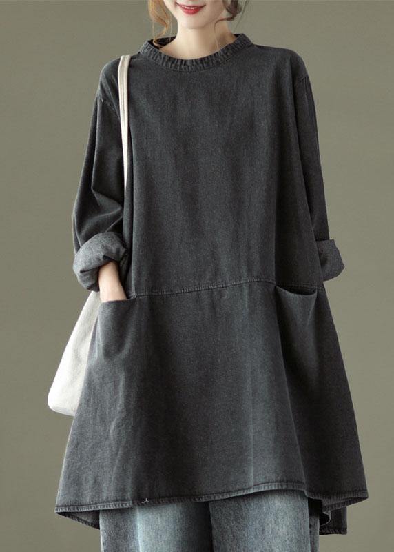 Black Grey Denim O-Neck Long Dress