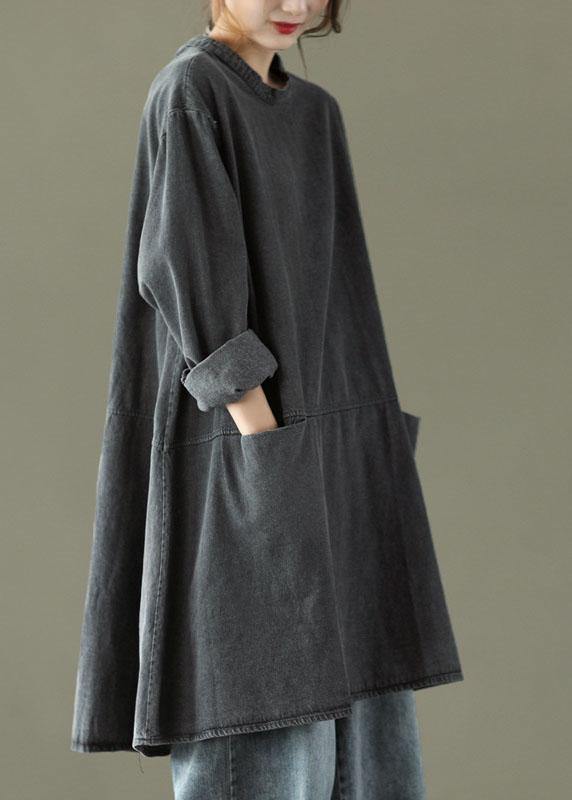 Black Grey Denim O-Neck Long Dress