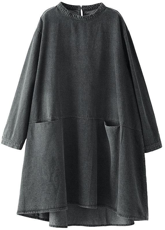 Black Grey Denim O-Neck Long Dress