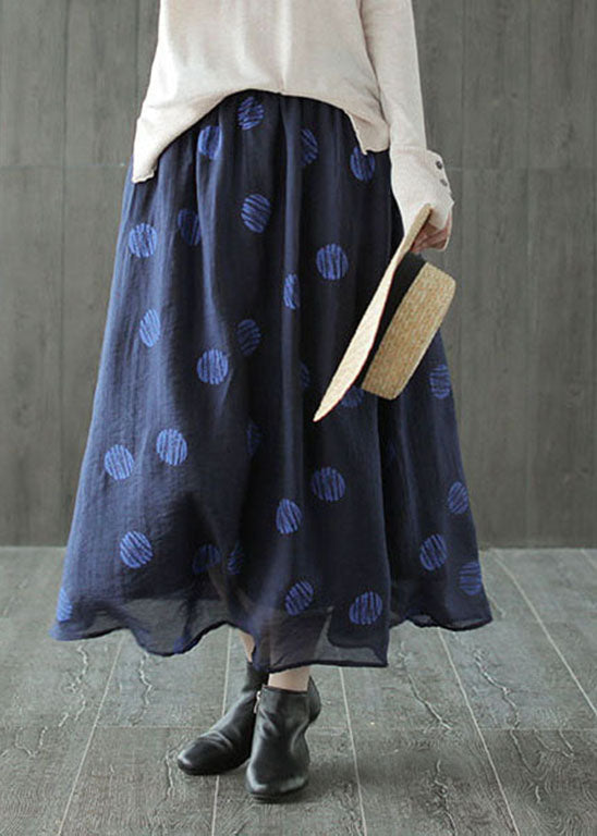 Boho Dark Blue Elastic Waist Polka Dot Print Linen Skirts Spring
