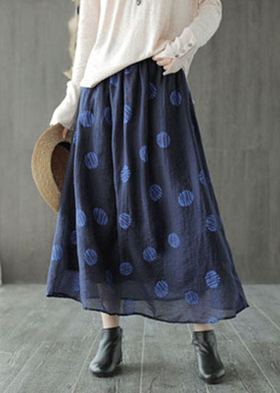 Dark Blue Dot Print Boho Linen Skirt