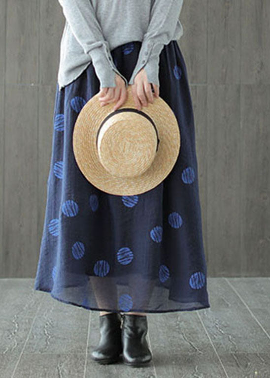 Dark Blue Dot Print Boho Linen Skirt