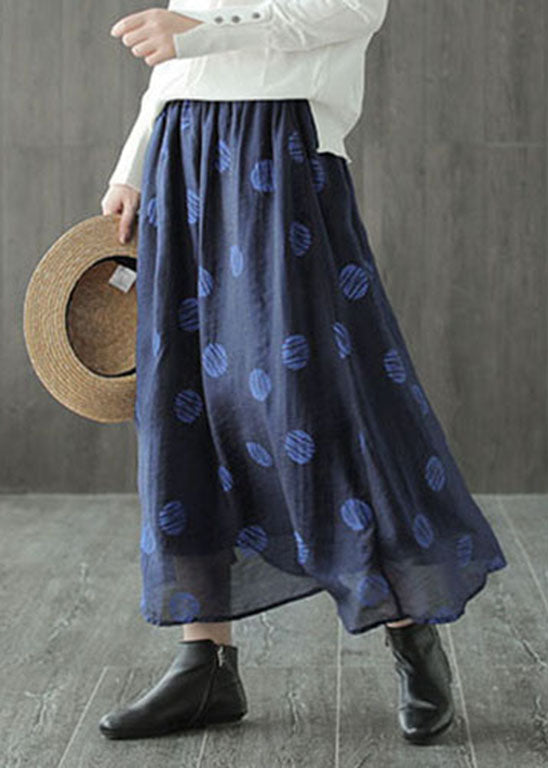 Dark Blue Dot Print Boho Linen Skirt