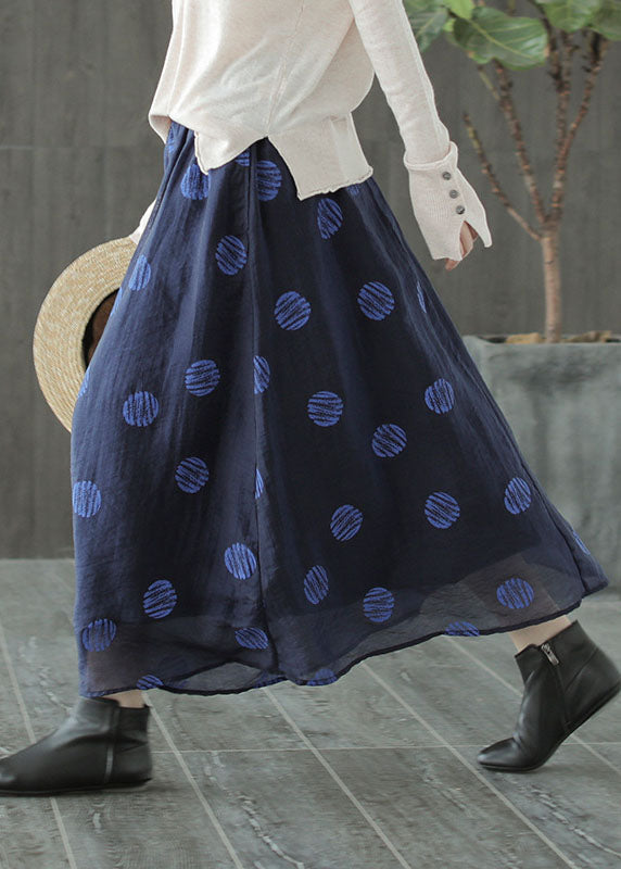 Dark Blue Dot Print Boho Linen Skirt