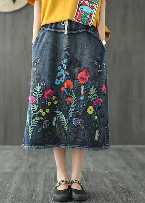 Boho Dark Blue Embroidered Tassel A-Line Summer Denim Skirts