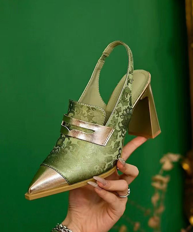 Green Embroidered Chunky Heel Sandals