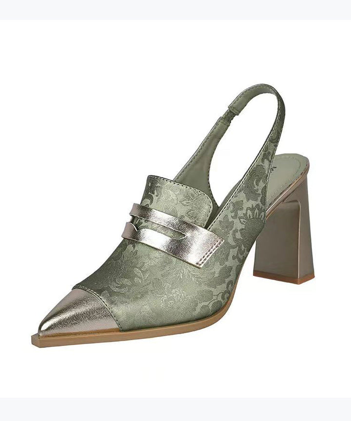 Green Embroidered Chunky Heel Sandals