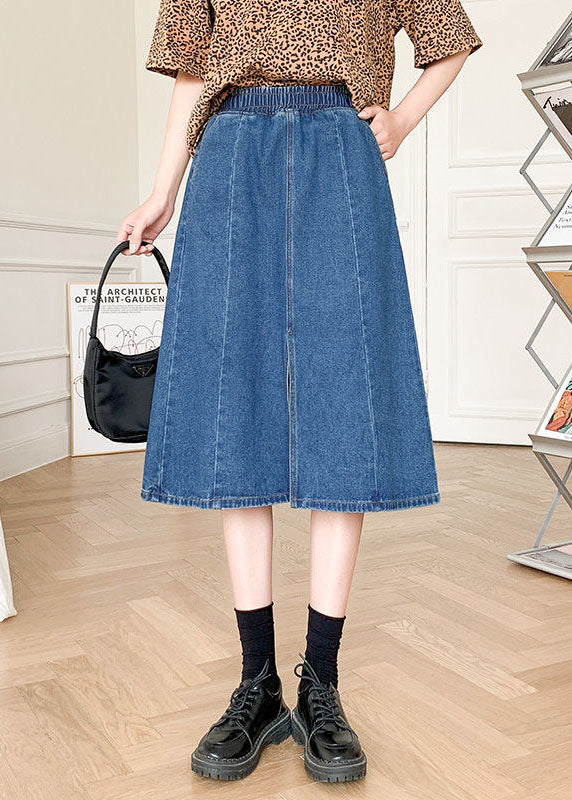 Boutique Denim Blue Solid Elastic Waist Side Open Cotton A-Line Summer Skirt
