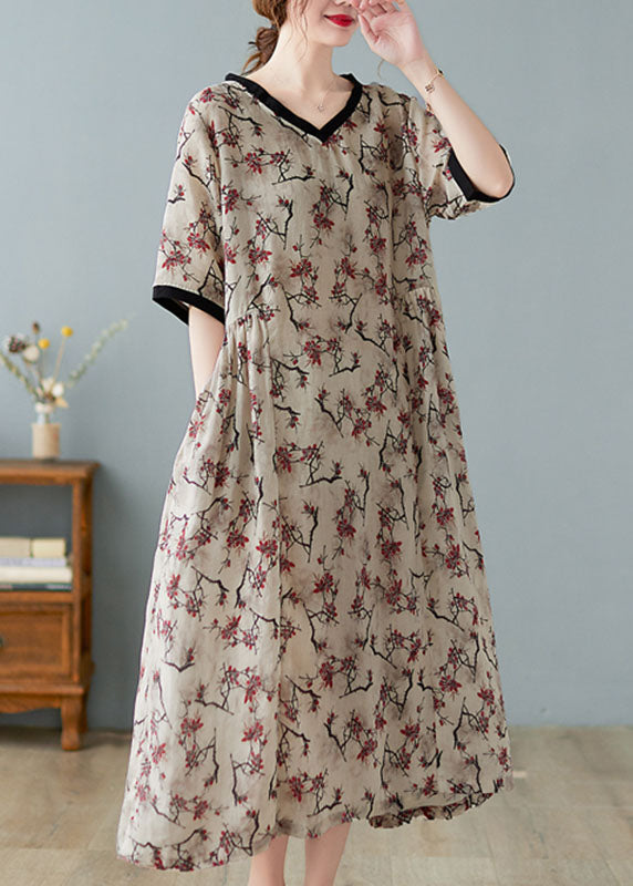 Khaki V-Neck Linen Summer Dress