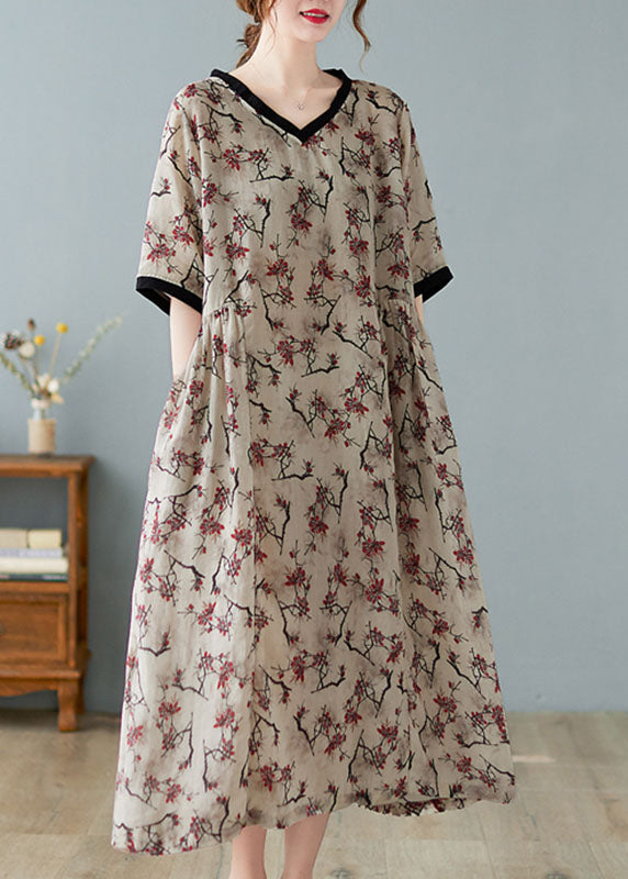 Khaki V-Neck Linen Summer Dress